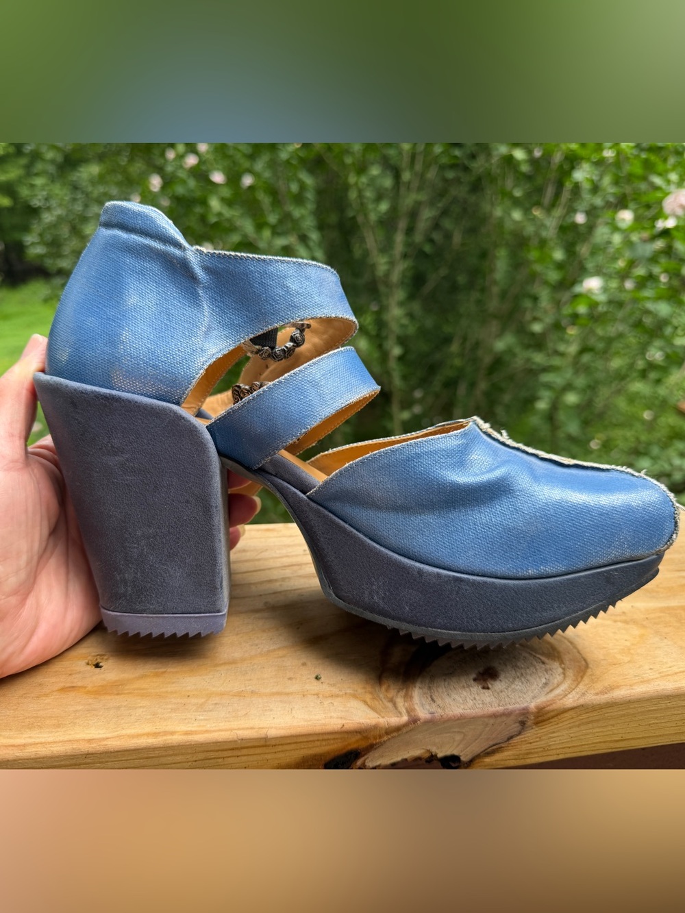 John Fluevog Light Blue Denim Platform Mary Jane Clogs - Picture 2 of 12